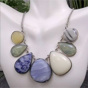 Silver Tone Stone & Acrylic Oval Shapes Necklace. 17-19”